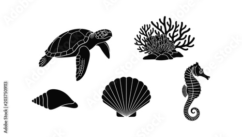 Foto Oceanic sea life silhouette collection with turtle coral seashell seahorse and c