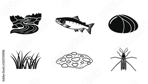 Obraz na płótnie River landscape fish and insect icons representing freshwater ecosystem elements