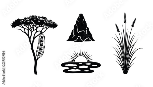 Foto Exotic flora and landscape elements silhouette with seed pod mountain and reeds