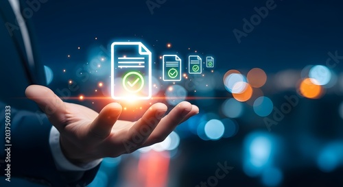 Digital document approval with glowing checkmarks over hand