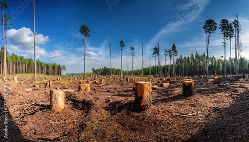 panoramic image of a destroyed forest stumps from recently cut down trees problem of deforestation timber industry timber extraction