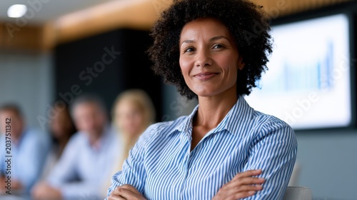 confident black woman executive leads diverse corporate boardroom, presenting strategy on digital screen modern office design, warm lighting, inclusive leadership