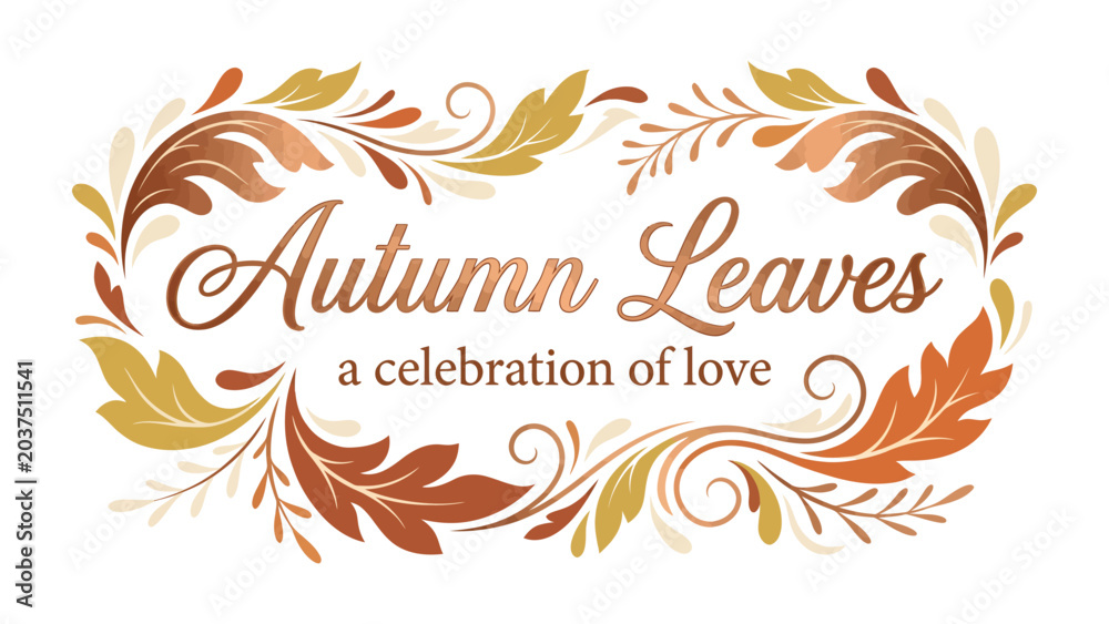 Fototapeta premium Autumn Leaves Celebration: An elegant floral frame featuring autumn leaves and decorative swirls, with the text Autumn Leaves a celebration of love beautifully scripted within.