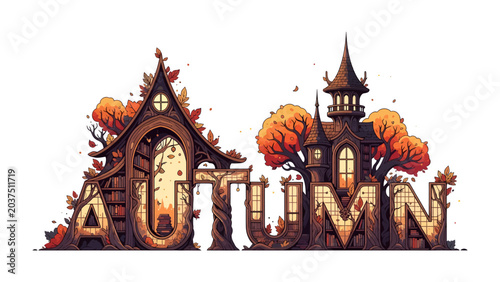 Fotografie Autumn Word Art: A whimsical artistic representation of the word AUTUMN, crafted from wooden architectural elements, autumnal foliage, and hints of autumn colors