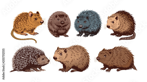 Foto Collection of Australian marsupials, illustration of quokka, wombat, echidna, and beaver with textured fur, set against a plain background