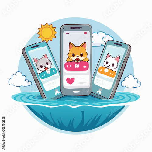 Cute cartoon cats and dogs on smartphones in water