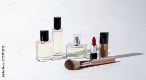 Elegant Collection of Perfume Bottles and Makeup Essentials.