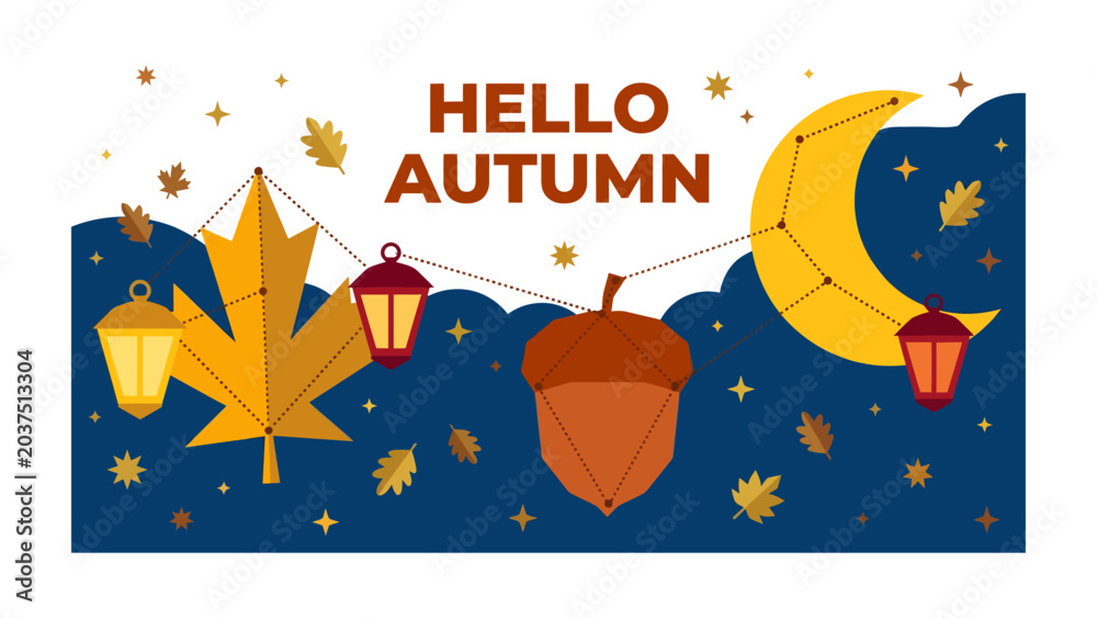 Naklejka premium Hello Autumn: A whimsical illustration welcomes the autumn season with iconic symbols like maple leaves, acorns, lanterns, and a crescent moon against a starry night sky.
