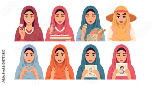 Tableau sur toile Muslim woman diverse emotions and activities