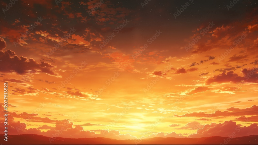 Obraz premium 山並みに沈む夕日と夕焼け空