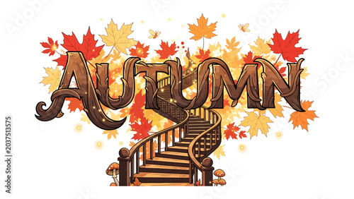 Fotografija Autumn Splendor: A whimsical display of the word AUTUMN crafted from wood and adorned with falling leaves, complemented by a winding staircase and mystical mushrooms, evoking the magic of the season