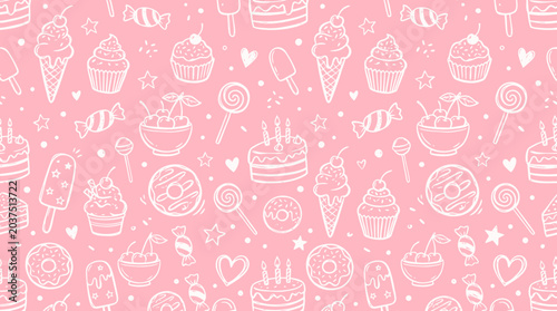 Foto Hand drawn pattern of sweet treats on pink background with desserts and candies