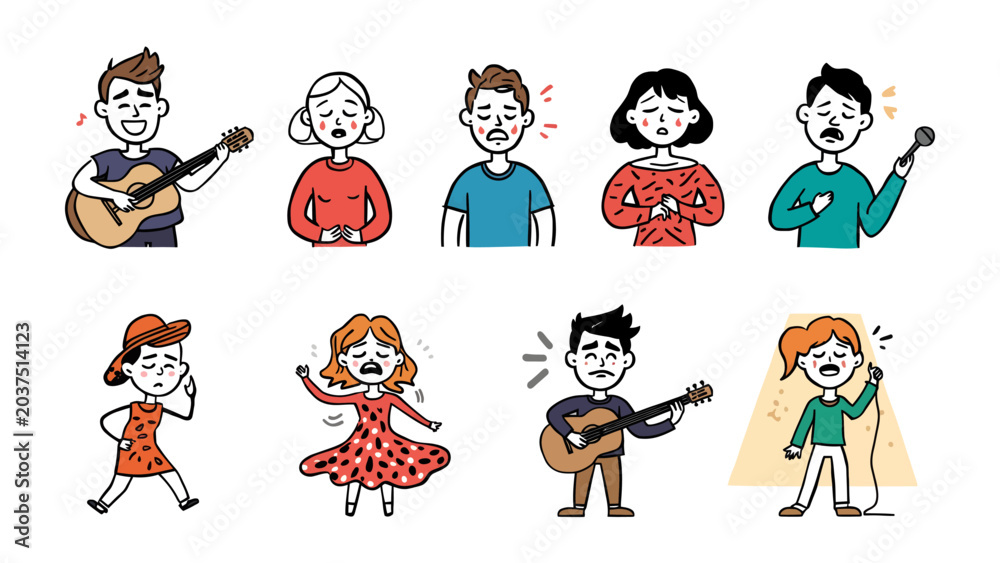Obraz premium A Symphony of Emotions: A collection of charming, hand-drawn characters expressing a range of emotions, from the joy of singing and playing guitar to frustration and determination.