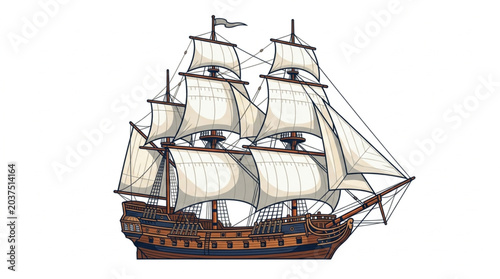 Fotografia Vintage Sailing Ship With Full Sails Illustration.