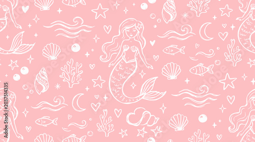 Tableau sur toile A whimsical underwater scene featuring a mermaid surrounded by Hand drawn pattern of sea creatures and shells on a soft pink background