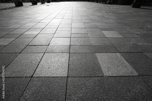 Sunlight illuminates a vast expanse of stone tiles, receding into a bright, distant vanishing point