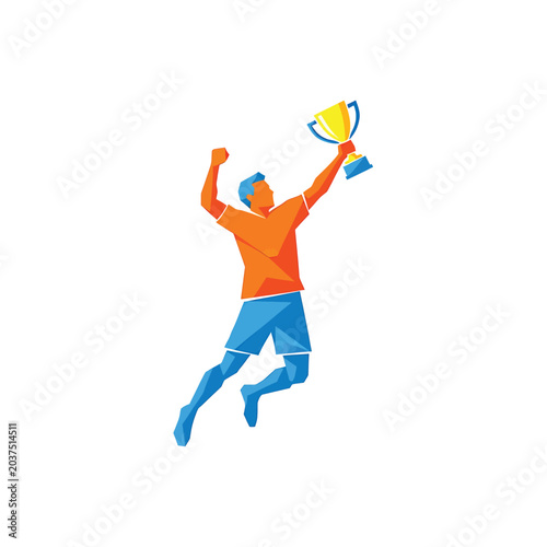 Photos Man jumping with trophy cup high.