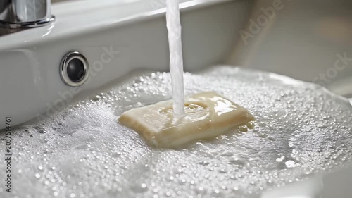 Soap bar in wash basin with flowing water and bubbles closeup