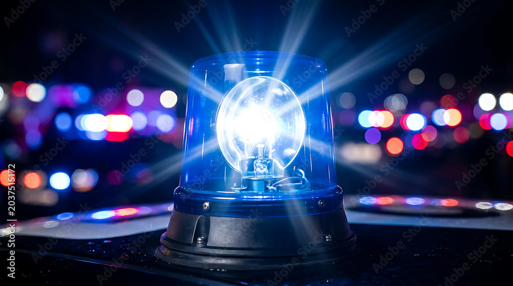 Fototapeta premium Vibrant blue emergency beacon flashing intensely against the nocturnal urban backdrop, signaling caution and authority