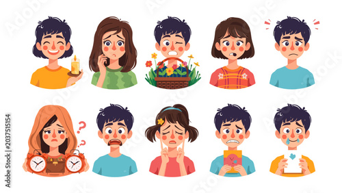 Obraz na płótnie A Spectrum of Emotions: A collection of diverse children express a wide range of human feelings, from joy and anticipation to sadness and confusion, captured in vibrant illustrations