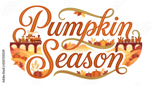 Foto Autumn Delight: A whimsical illustration celebrating the arrival of Pumpkin Season, featuring charming autumn leaves, plump pumpkins, and a playful train chugging along a bridge