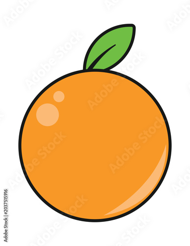 A simple, clean, and vibrant cartoon illustration of a ripe orange with a single green leaf attached to its stem.