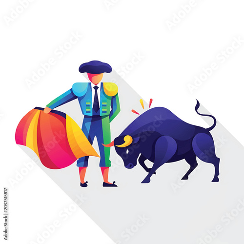 Obraz na płótnie Man standing next to angry bull.