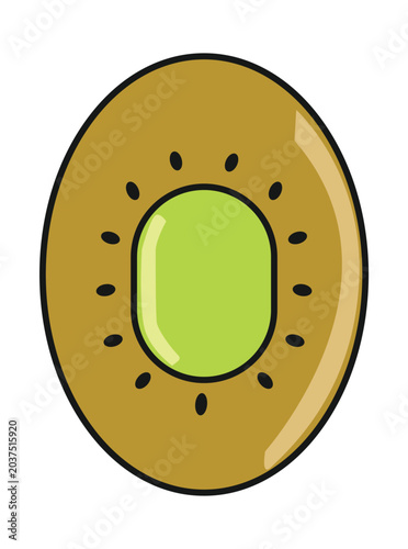 A simple, stylized illustration of a sliced kiwi fruit showing its green flesh and black seeds.