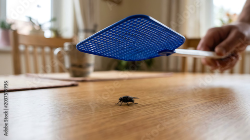 Close-up action shot of a fly swat about to strike a fly on a wooden table