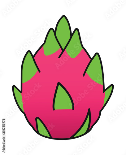 A vibrant, stylized illustration of a ripe dragon fruit with bright pink skin and green leafy scales.