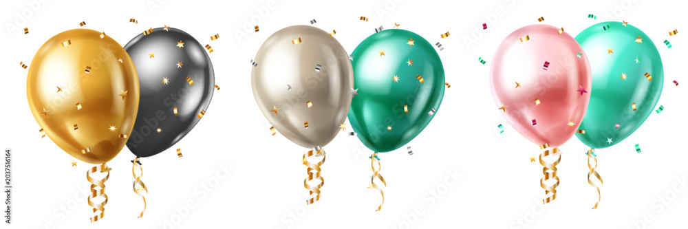 Obraz premium Golden, silver, and green balloons float with confetti and ribbons on white background.