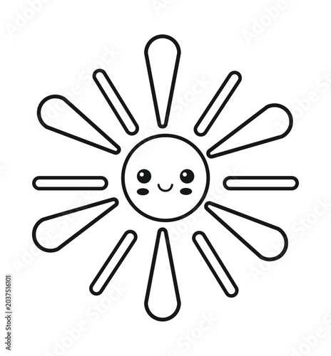 A simple, cute, cartoon illustration of a smiling sun with rays extending outwards, perfect for children's designs.