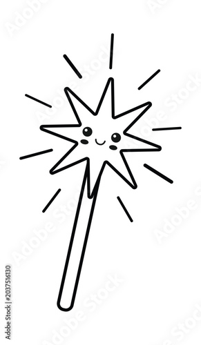 A cute, cartoon-style drawing of a sparkling magic wand with a happy face, radiating light.
