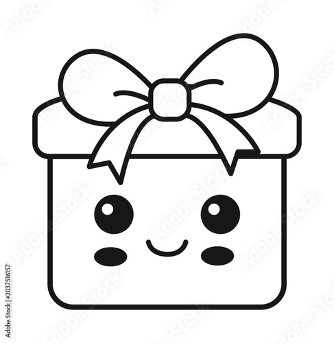 A cute, cartoon-style drawing of a gift box with a happy face and a bow on top, presented in black and white.