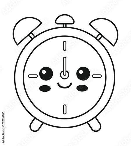 A cute, cartoon-style black and white illustration of an alarm clock with a happy face, designed for coloring.