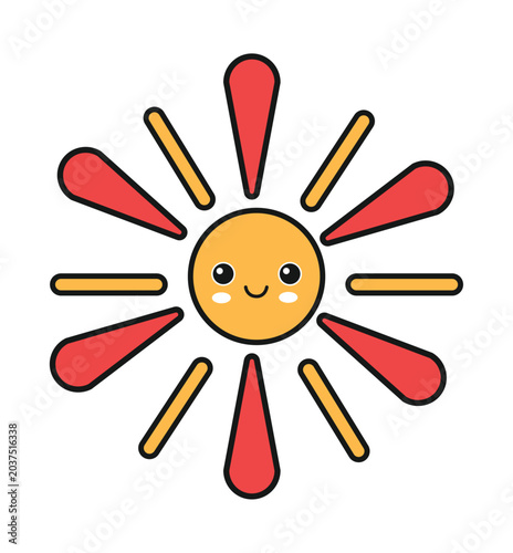 A cute, cartoonish sun with a smiling face and radiating rays in red and yellow, set against a white background.