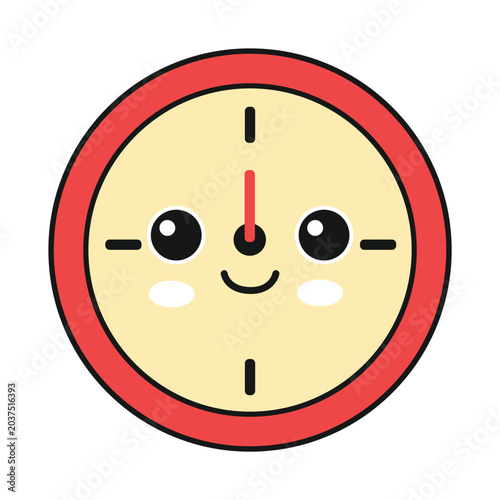 A cute, cartoon-style clock face with a happy expression and red border, showing the time as 12:00.