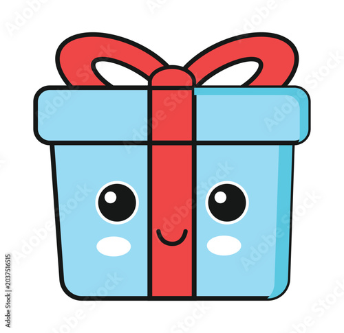 A cute, cartoon-style light blue gift box with a red ribbon and a happy face, perfect for celebrations.