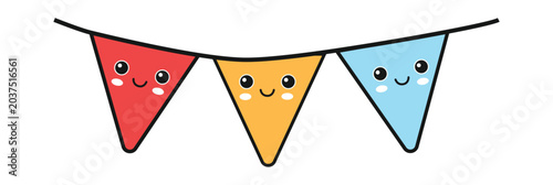 Cute cartoon bunting with smiling faces in red, orange, and blue colors, perfect for party decorations and celebrations.