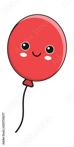 A cute red cartoon balloon with a happy smiling face and a black string, isolated on a white background.