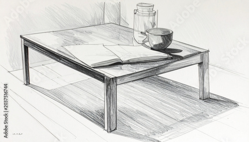 Still life pencil drawing table