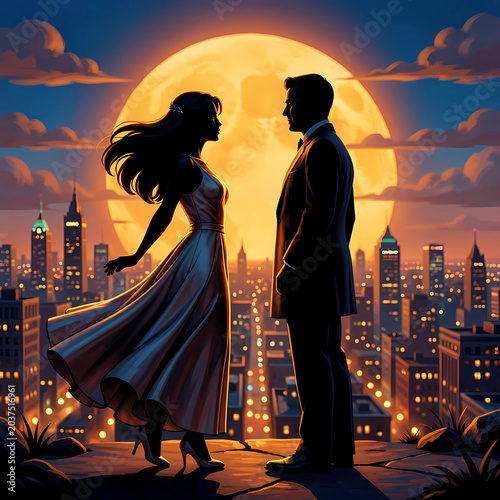 modern city sunset couple silhouette
