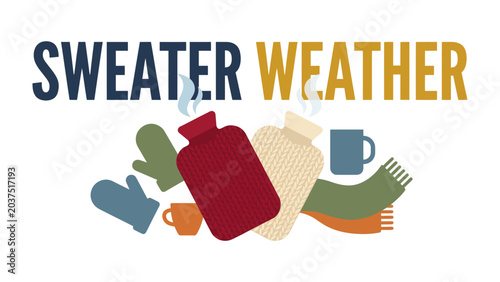 Valokuva Sweater Weather Comforts: A cozy collection of hot water bottles, steaming mugs, mittens, and a scarf evokes the feeling of Sweater Weather, perfect for chilly days and warm relaxation