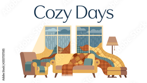 Cuadro en lienzo Cozy Days at Home: A warm and inviting illustration depicts a comfortable living room scene, perfect for a rainy day indoors