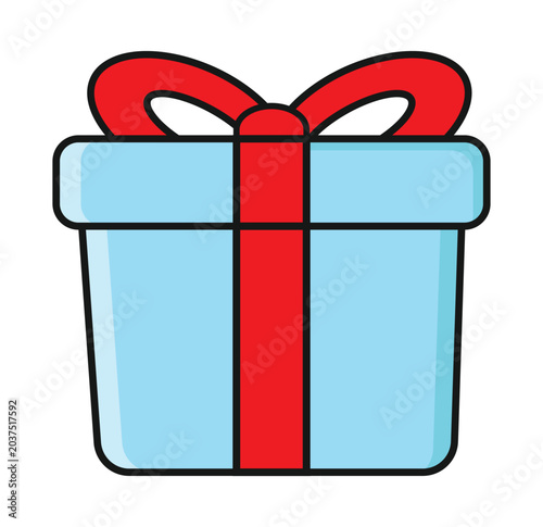 A simple cartoon illustration of a light blue gift box with a vibrant red ribbon and bow, perfect for celebrations and presents.