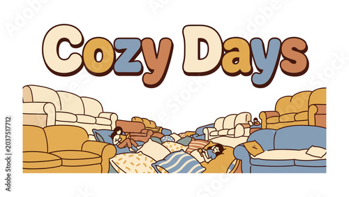 Photos Cozy Days Illustration: An illustration depicting a relaxed and comfortable scene of people napping on sofas and mattresses, surrounded by the warm, inviting ambiance of a cozy home