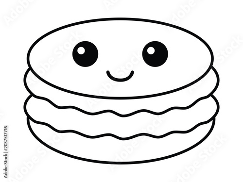 Simple black and white outline drawing of a cute cartoon macaron with a smiling face, ideal for children's coloring activities.