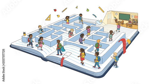 Education Maze: Children navigate a maze within an open book, symbolizing the journey of learning and discovery in education.