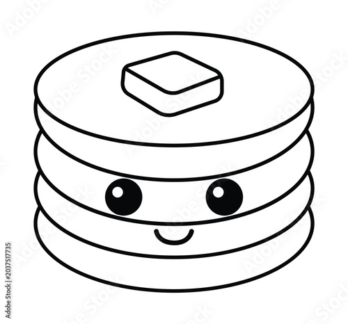 Cute cartoon stack of pancakes with butter and a happy face, black and white outline drawing perfect for coloring or simple design.