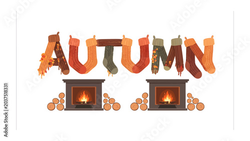 Obraz na płótnie Autumn Hearth: A warm and cozy autumn-themed illustration featuring the word AUTUMN creatively formed with colorful stockings hanging on a wooden rod, with a fireplace and stacks of firewood below